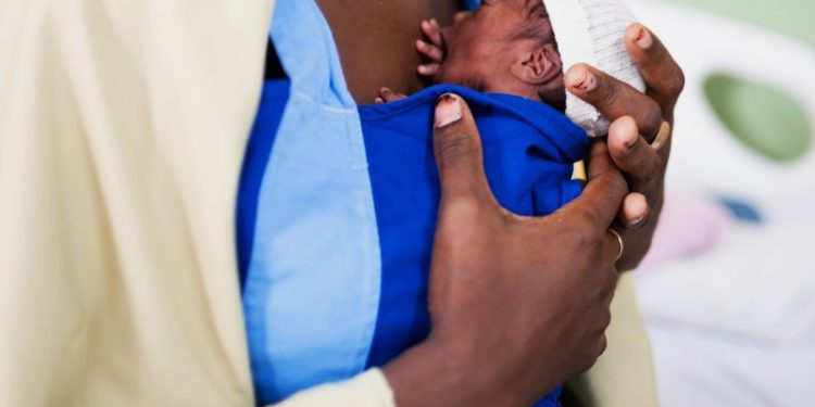 A lady nurtures her niece, born weighing 1.15 kg in a kangaroo pouch in Maiduguri, Nigeria. Coutersy photo by MSF International