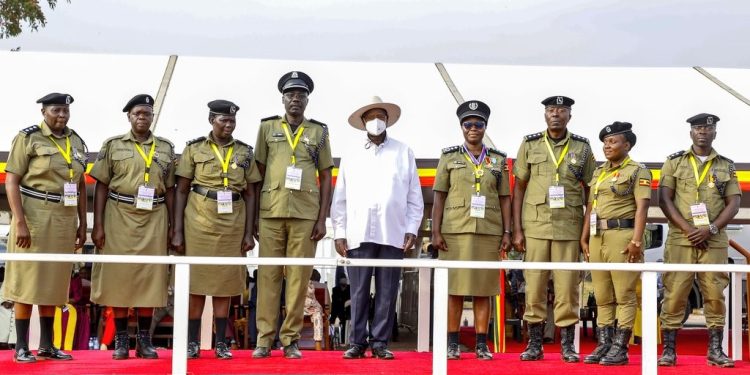 President Yoweri Museveni with the awarded police officers.