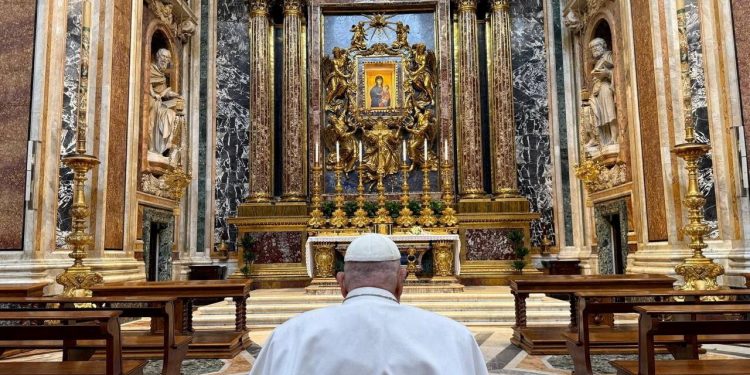 Pope Francis prays in front of the icon of the Virgin Mary, Salus Populi Romani at the Basilica of Santa Maria Maggiore in Rome, Italy on April 12, 2025.