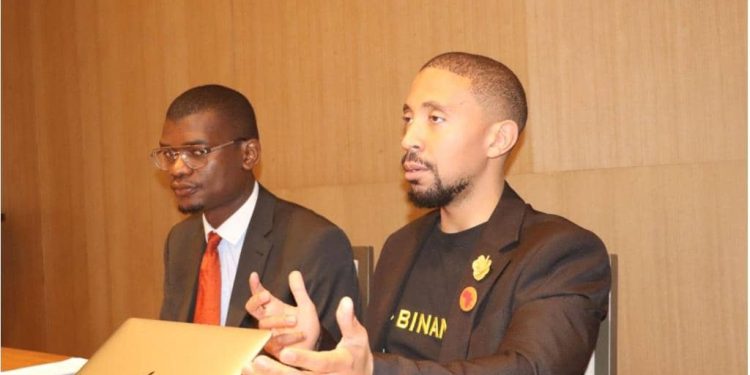 Larry Cooke, Legal Counsel at Binance Africa (right) and Allan Kakai, Legal Chief at Steakhouse Financial and Director at the Kenya Virtual Assets Chamber of Commerce, when they addressed the press in Nairobi. Photo/ Courtesy