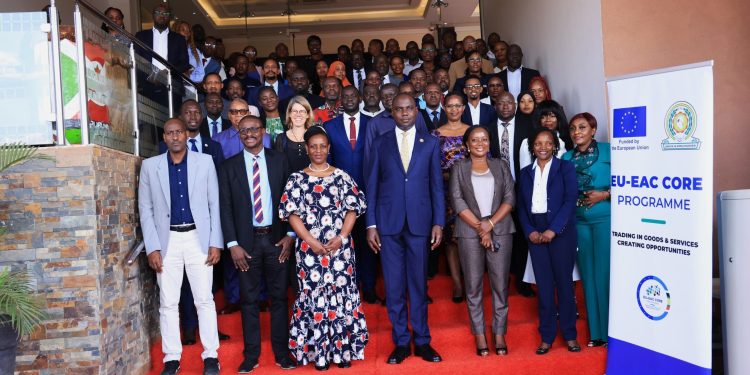 4th from left: Hon. Henry Musasizi, State Minister for Finance, Planning and Economic Development (General Duties), poses with fellow participants at the 2nd Peer-to-Peer Learning Conference on Financial Sector Integration.
Courtesy Photo.