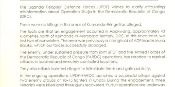 UPDF clarifies situation regarding operation Shujaa in Komanda–Eringeti, DRC