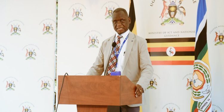 Dr. Orem addressing journalists at the Uganda Media Centre in Kampala.