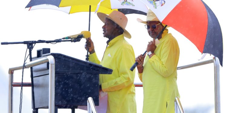NRM presidential candidate General Yoweri Kaguta Museveni and the first lady,Janet Kataaha Museveni during the final rally in Napak district, Karamoja