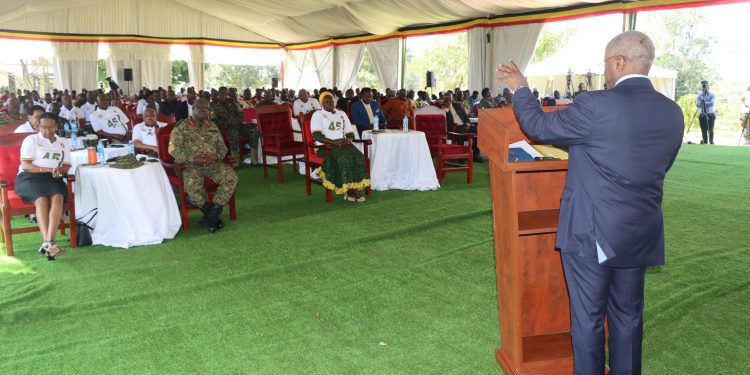 Former Premier Amama Mbabazi addressing the stakeholders. Courtesy Photos.