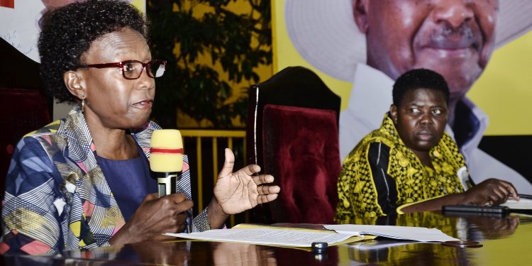 Uganda's Health Minister Dr. Ruth Acen addressing journalists a the NRM party offices alongside the party's deputy secretary general Rose Namayanja Nsereko, on December 22, 2025. UGNEWSLINE PHOTO