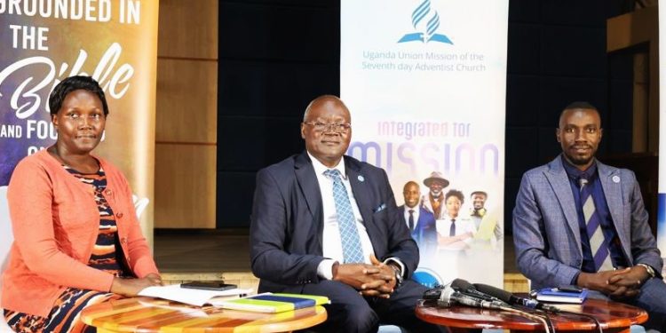 The President of the Uganda Union Mission, of the SDA Church, Pr. Samuel Kajoba (Centre) during a press conference of his New Year Message (2026). UGnewsline Image