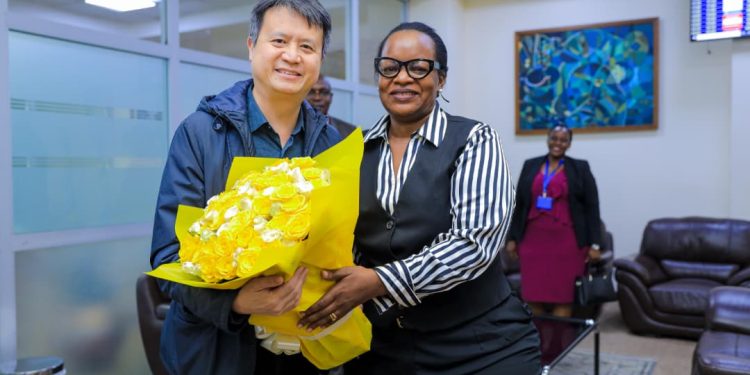 WIPO Director General, Daren Tang upon being received by URSB Registrar General, Mercy Kainobwisho.