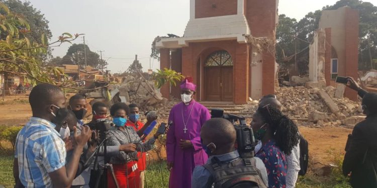 Archbishop Church of Uganda Stephen Kazimba Mugalu during an inspection of St Peters Church Ndeeba following its demolition by a city tycoon. Courtesy Photo.