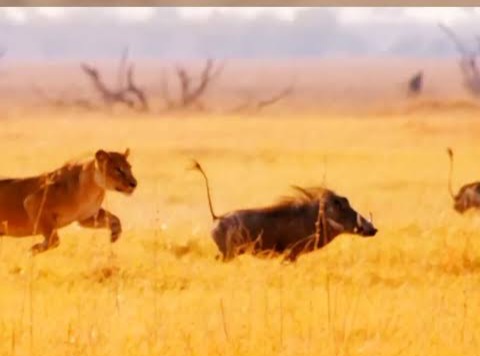 How the baby warthog used its lightening speed to survive four lions 