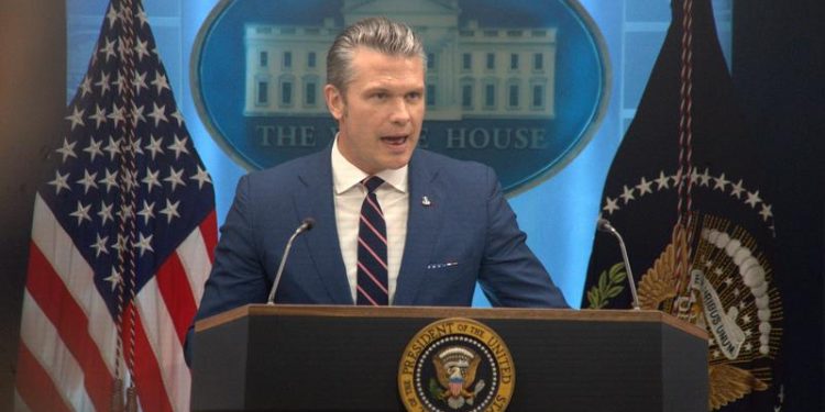 (260406) -- WASHINGTON, April 6, 2026 (Xinhua) -- U.S. Defense Secretary Pete Hegseth speaks during a press conference at the White House in Washington, D.C., the United States, April 6, 2026. Hegseth said at the press conference that U.S. forces will launch the largest strikes on Iran since the start of the war on Feb. 28. (Photo by Li Yuanqing/Xinhua)