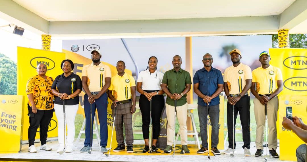 Davis Kato, Chairman of UPGA; Justina Icabala Ziraba, Enterprise Segment Manager at MTN Business; Walusimbi Serwano, Captain of Entebbe Club; and Innocent Kihika, UPGA Trustee, pose with professional golfers during the launch.
