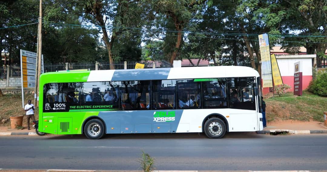 An E-Bus Xpress electric bus at Kololo SS as MTN Uganda, E-Bus Xpress & Sparklab launch the Y’ello Booth — a smart, cashless solution for student transport.MTN Uganda, E-Bus Xpress and Sparklab Technologies.
