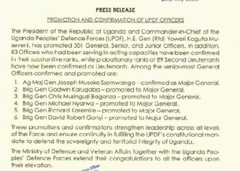 Uganda’s president promotes more than 300 military officers in army reshuffle