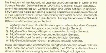 Uganda’s president promotes more than 300 military officers in army reshuffle