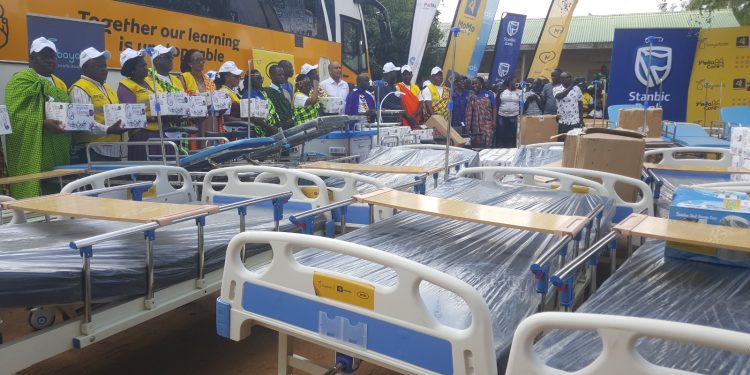 Minister Esther Anyakun joins MTN staff and partners during the handover of support to Karita Health Centre IV in Amudat District on Friday
