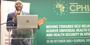Dr. Magoola making a presentation at an Africa CDC conference in South Africa last year. He said Dei BioPharma was ready to supply biological medicines to African countries at affordable rates.