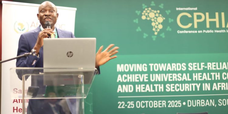 Dr. Magoola making a presentation at an Africa CDC conference in South Africa last year. He said Dei BioPharma was ready to supply biological medicines to African countries at affordable rates.