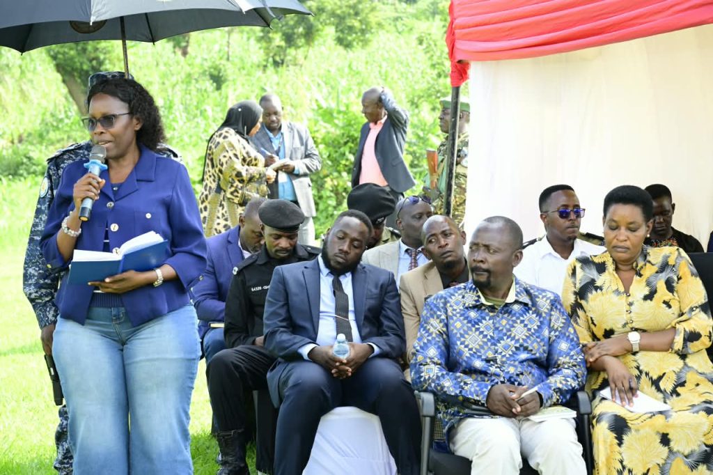 Lands Minister Judith Nabakooba warns middlemen off the government's land acquisition for Dei BioPharma's expansion during a community meeting with residents in Matugga, Wakiso District, on Friday.
