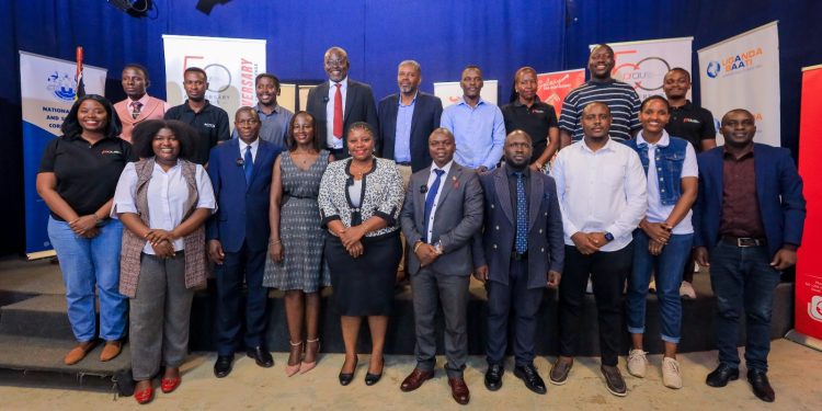 PRAU President Irene Nakasiita (5th L), PRAU Governing Council Members, Sponsors during the launch of PRUA’s 50th Anniversary celebration roadmap and announced a four-day Golden Jubilee Summit scheduled for 20–23 October 2026 at the Source of the Nile Hotel in Jinja City, culminating in the 10th PRAU Excellence Awards on the evening of 23 October 2026.