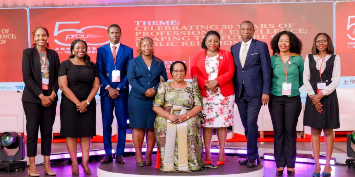 Hon. Joyce Juliet Nabbosa Ssebugwawo (Centre), Minister of State for ICT and National Guidance, PRAU President Irene Nakasiita (4th Right) and PRAU 2025/27 Governing Council during the PRAU at 50 summit today at Source of the Nile Hotel in Jinja